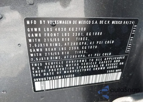 2024 Volkswagen Taos 1.5T Se из США, поврежденный, VIN 3VVUX7B23RM114056